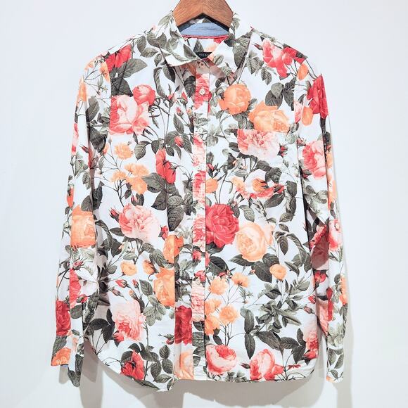 Talbots Womens White Floral Button Up Roll Tab Sleeve Blouse Size 12 Business - Picture 1 of 9